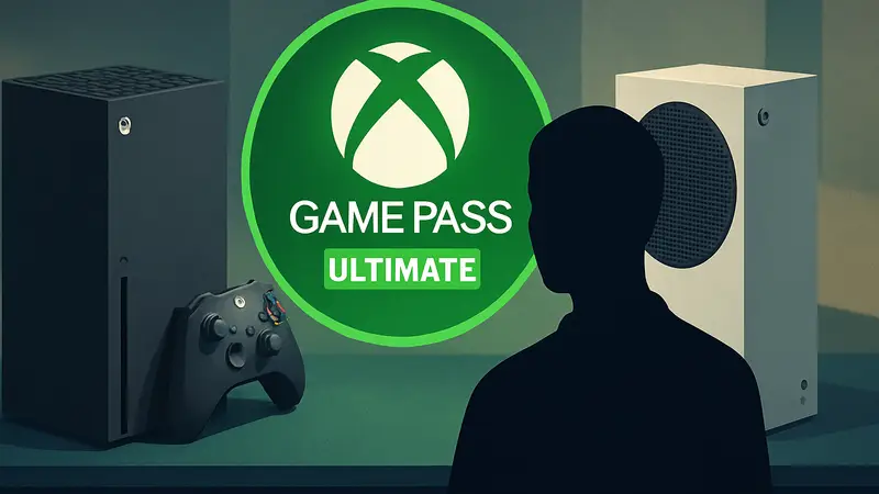 Логотип Xbox Game Pass Ultimate на фоне консолей Xbox