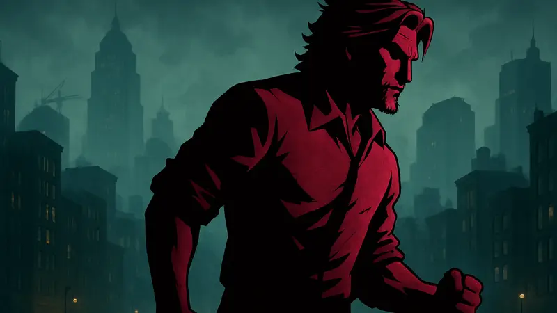 Логотип игры The Wolf Among Us 2 с Бигби Волком на фоне туманного города, символизирующий долгую разработку