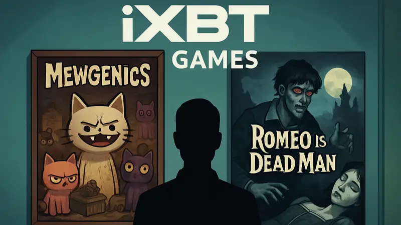 Обложки игр Mewgenics и Romeo is a Dead Man на фоне логотипа iXBT Games