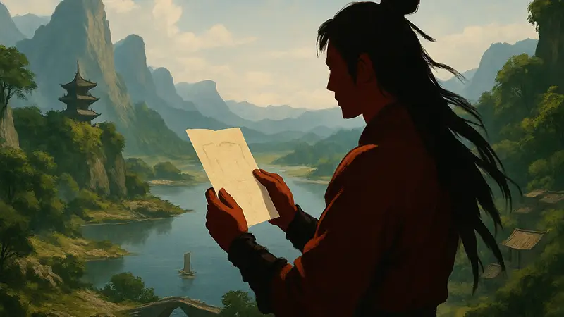 Герой Where Winds Meet, держащий в руках загадочную долговую расписку, на фоне живописного игрового пейзажа.