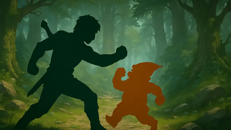 Главный герой Fight-Quest бьёт гнома в фэнтезийном лесу