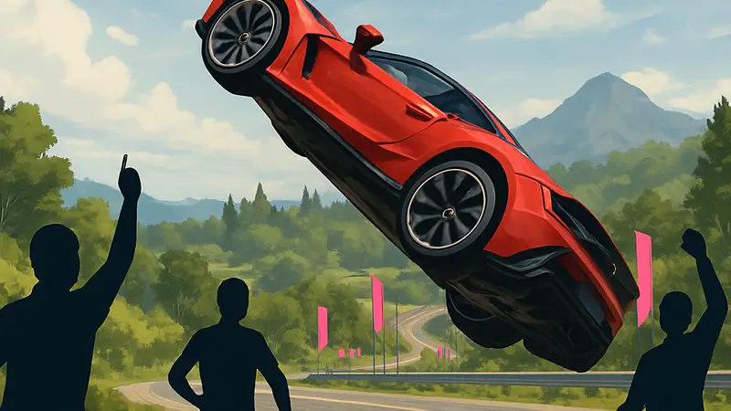 Автомобиль выполняет Barrel Roll в Forza Horizon 6, демонстрируя трюк в динамике