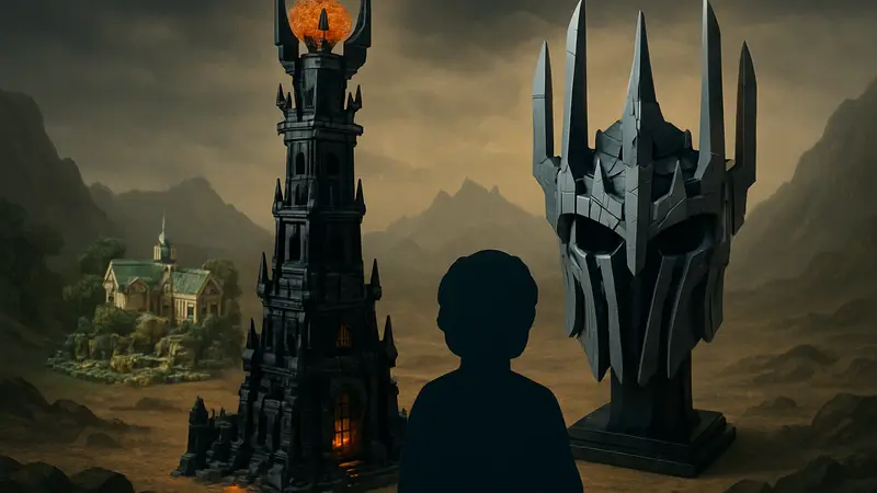 Изображение LEGO набора Барад-Дур и шлема Саурона из «Властелина Колец», сравниваемого с Ривенделлом.
