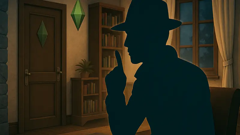 Информационный Брокер из The Sims 4 в загадочной позе, намекающей на секреты