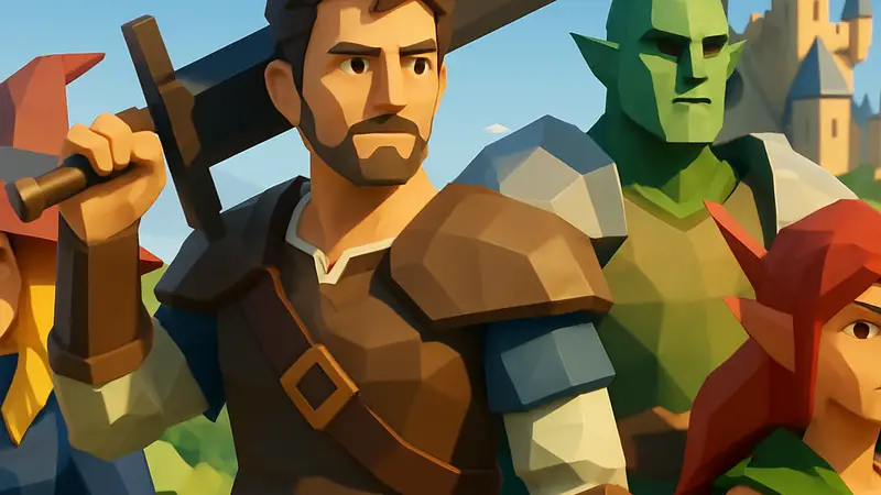 Кадр из аниме "An Adventurer's Daily Grind at Age 29" с фэнтезийными персонажами в RPG-стиле.