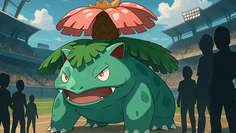 Венузавр из Pokémon Masters EX, зеленый покемон на фоне арены