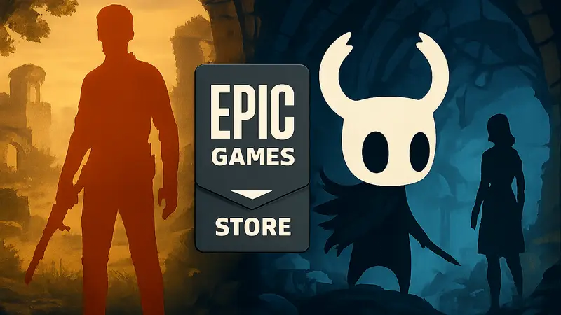 Логотип Epic Games Store с изображениями бесплатных игр июня 2026 года, включая игру в стиле Hollow Knight.