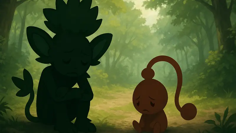 Группа Покемонов Simisage и Chingling, выглядящих грустными или забытыми.