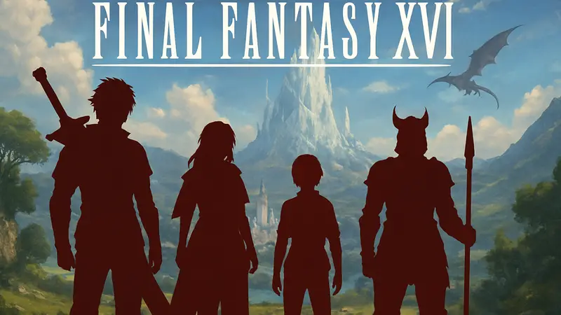 Логотип Final Fantasy 17 с ключевыми персонажами на фоне фантастического мира.