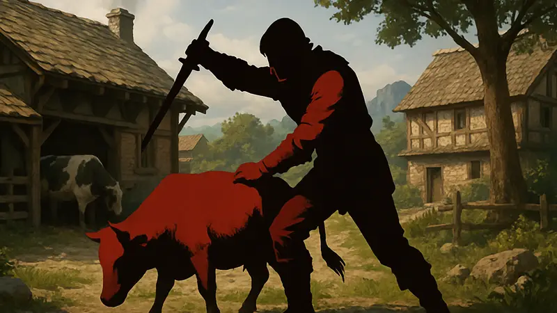 Игрок в Crimson Desert забивает скот для квеста Бена