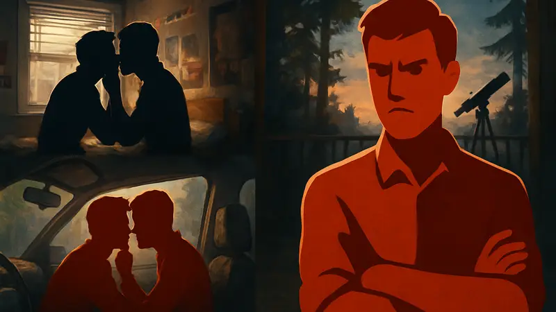 Кадры из игры Life Is Strange, показывающие мужских персонажей в романтических сценах, со скептическим выражением.