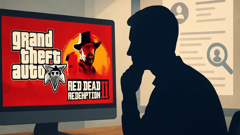 Логотипы GTA 5 и Red Dead 2 на фоне резюме или экрана поиска работы.