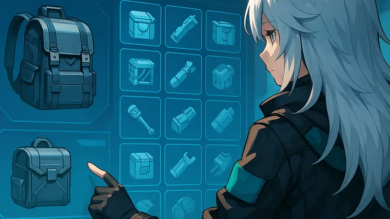 Главный герой Arknights Endfield управляет инвентарем и рюкзаком в игре на экране меню.