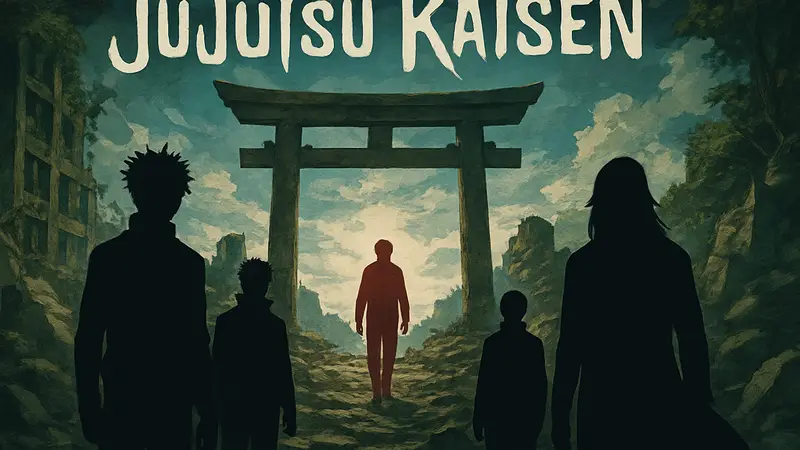 Постер или обложка манги Jujutsu Kaisen, символизирующая завершение франшизы.