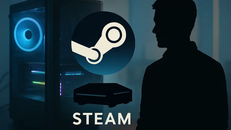Логотип Steam и Steam Machine на фоне игрового ПК Valve с подсветкой