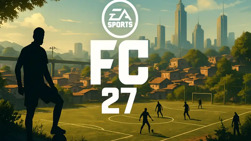 Логотип EA SPORTS FC 27 на фоне  футбольного поля в открытом мире.
