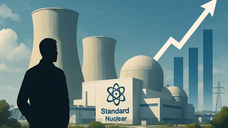 Иллюстрация атомной станции с логотипом Standard Nuclear и инвестиционным графиком.