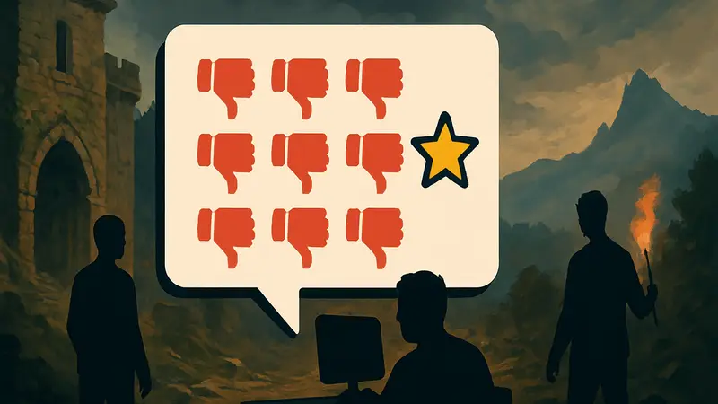 Иконка отзывов или оценок с множеством отрицательных отзывов, символизирующая ревью-бомбинг