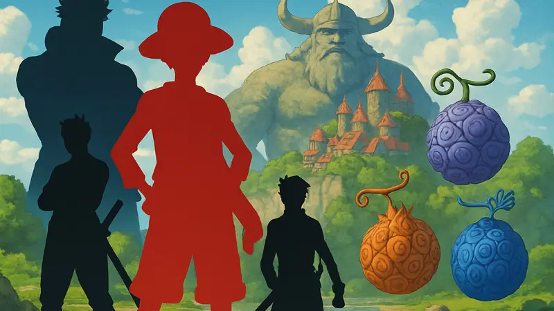 Постер с Луффи и другими персонажами One Piece, символизирующий Дьявольские плоды и арку Эльбаф.