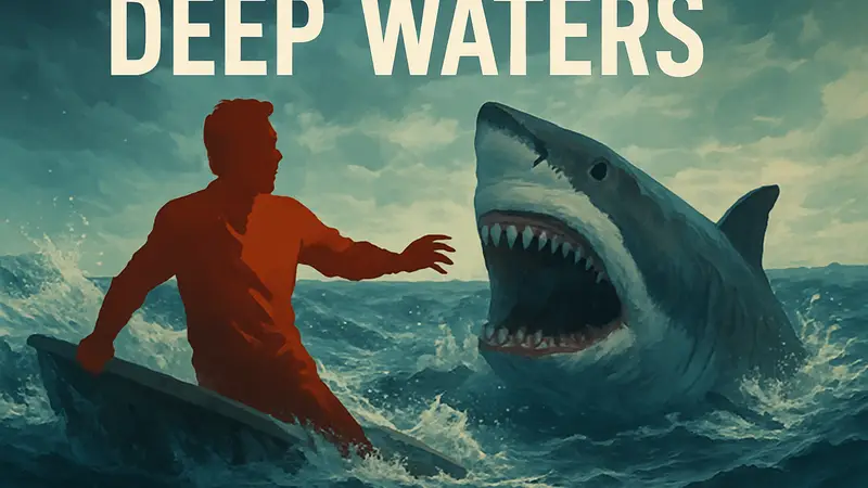 Постер фильма "Глубокие воды" с изображением акулы и Аарона Экхарта в напряжённой ситуации в океане.
