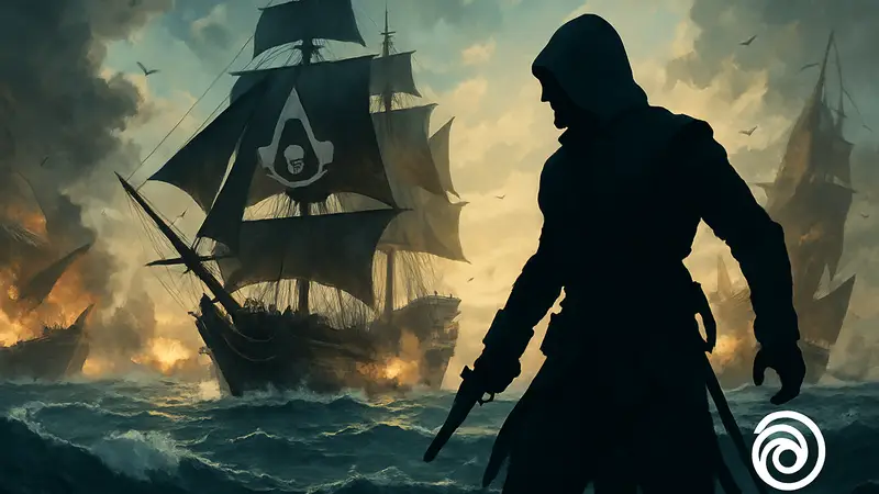 Assassin's Creed Black Flag Resynced: пиратский корабль, сражение на море, логотип Ubisoft.