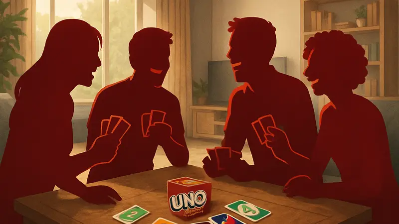 Игроки смеются, играя в карточную игру Uno Wonder в режиме Uno Teams 2v2.