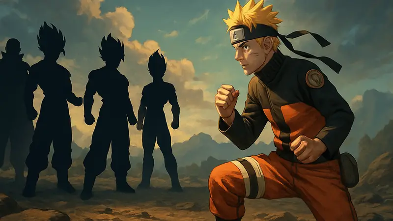 Наруто Узумаки из аниме Наруто в боевой стойке против персонажей Dragon Ball.