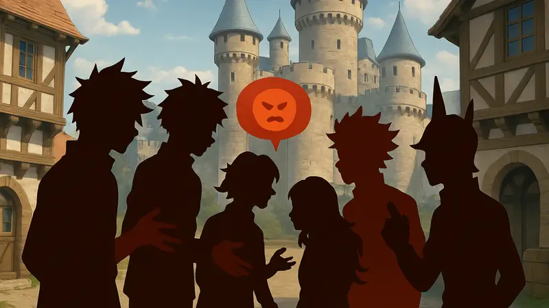 Несколько персонажей из аниме My Hero Academia в фэнтезийном мире, обсуждающие ненависть фанатов