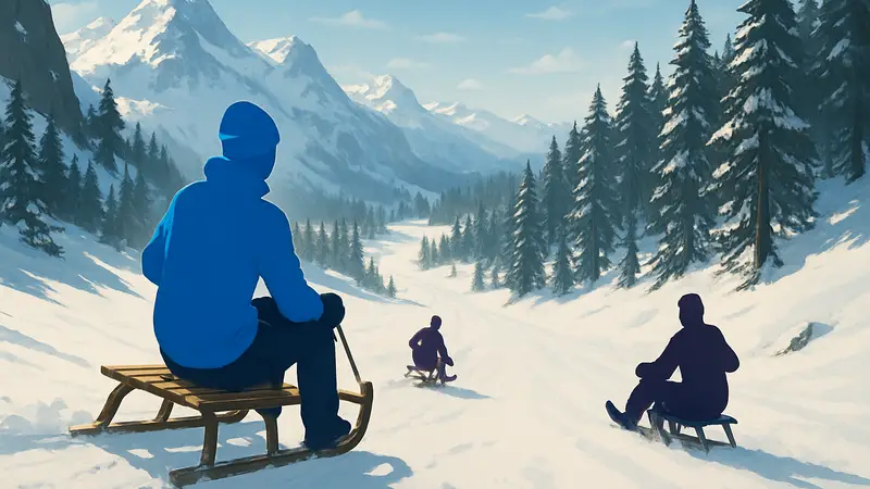 Скриншот из игры Sledding Game, где персонажи катаются на санках по снежным склонам.