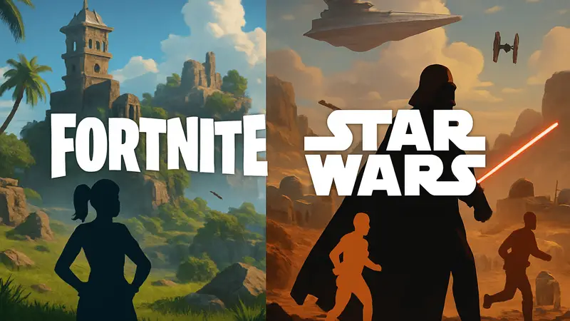 Персонажи Fortnite и Star Wars на тематических островах, логотип Fortnite, логотип Star Wars.