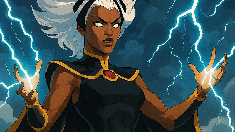 Мутант Шторм из X-Men '97, демонстрирующая свои погодные силы, молнии и облака