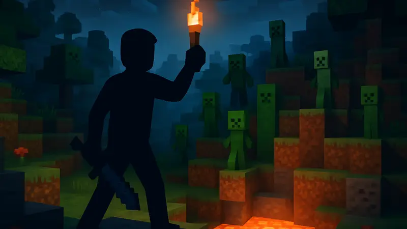 Игрок Minecraft исследует мир в режиме Hardcore, вокруг опасные мобы и ресурсы.