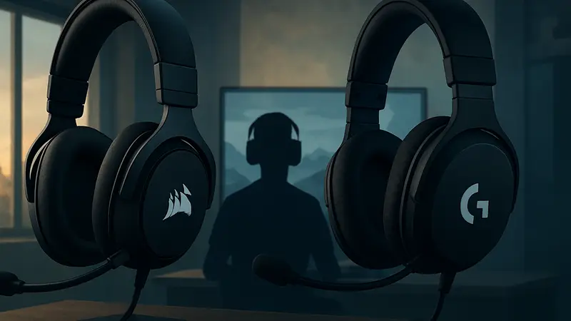 Игровые гарнитуры 2026 года с логотипами Corsair и Logitech для ПК гейминга.