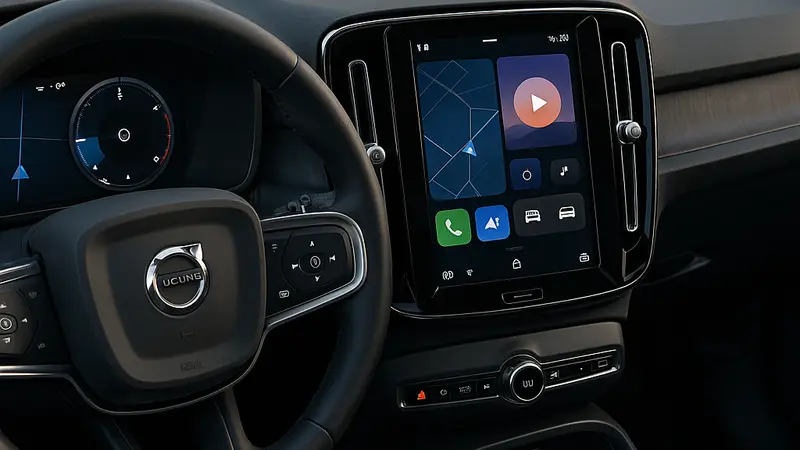 Современный автомобиль Volvo с включённым мультимедийным экраном, демонстрирующим новый, обновлённый интерфейс.