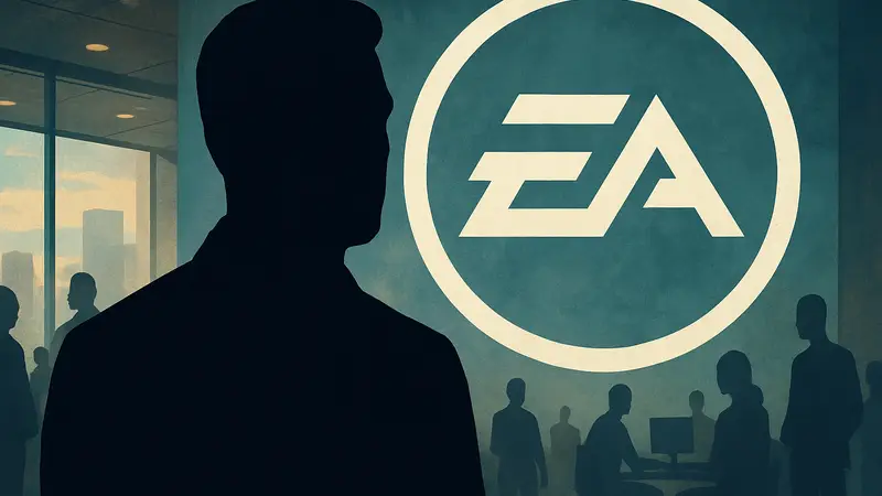 Портрет Эндрю Уилсона, генерального директора Electronic Arts, на фоне логотипа EA