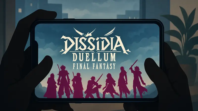 Логотип Dissidia Duellum Final Fantasy с персонажами серии Final Fantasy на мобильном экране.