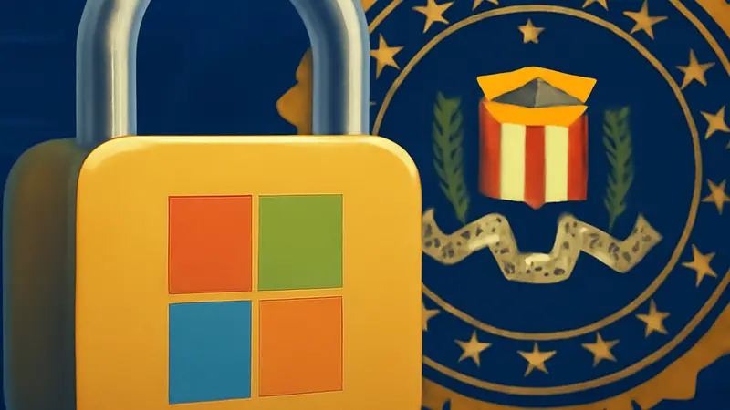 Изображение: замок с логотипом Microsoft и символом ФБР на фоне, символизирующее доступ к зашифрованным данным.