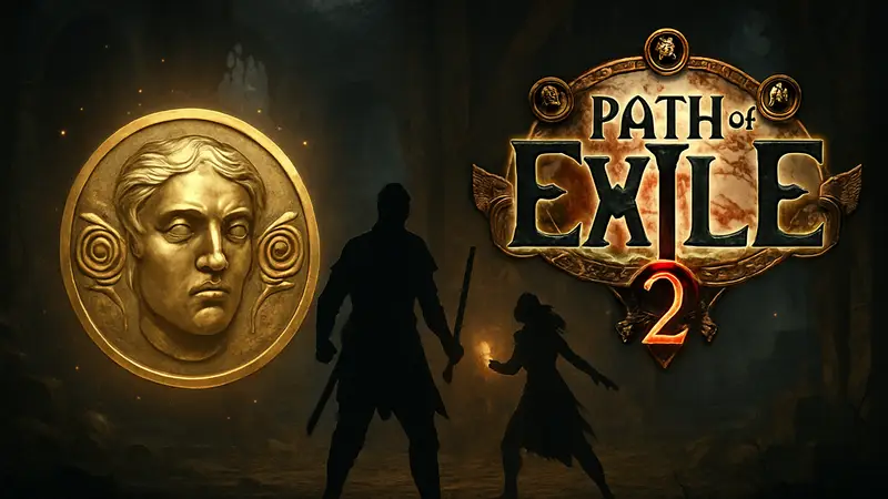Иконка Divine Orb и логотип Path of Exile 2 на фоне скриншота геймплея.