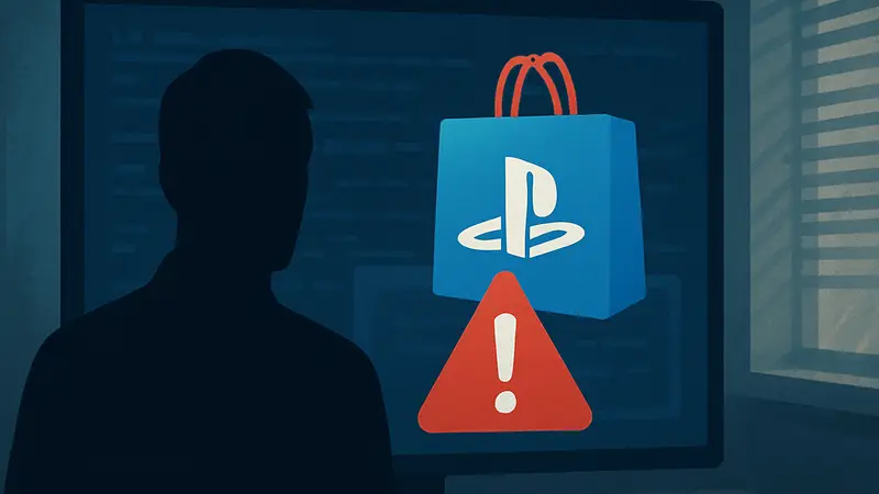 Логотип PlayStation Store на фоне экрана с ошибкой или уведомлением об уязвимости.