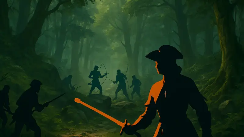 Скриншот из GreedFall 2, показывающий леса и персонажей, борющихся с браконьерами в квесте «Мёртвый лес».