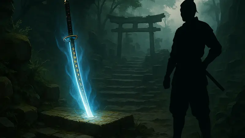 Изображение мистического скрытого клинка из Nioh 3, лежащего в древней локации, с намёком на квест.