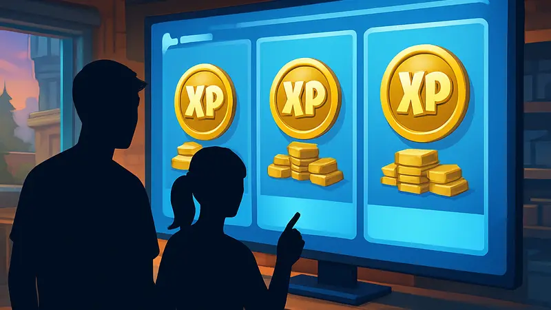 Игроки Fortnite покупают XP для боевого пропуска. Экран выбора опыта в магазине игры.