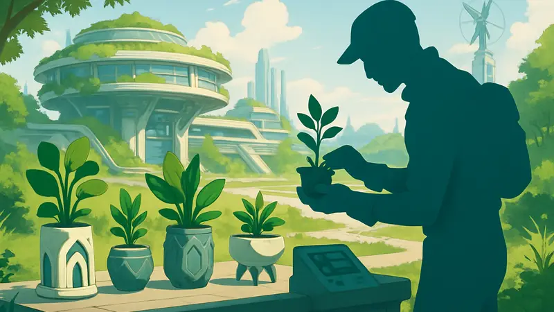 Игровой персонаж Solarpunk крафтит предметы, на фоне футуристическая база и декоративные горшки