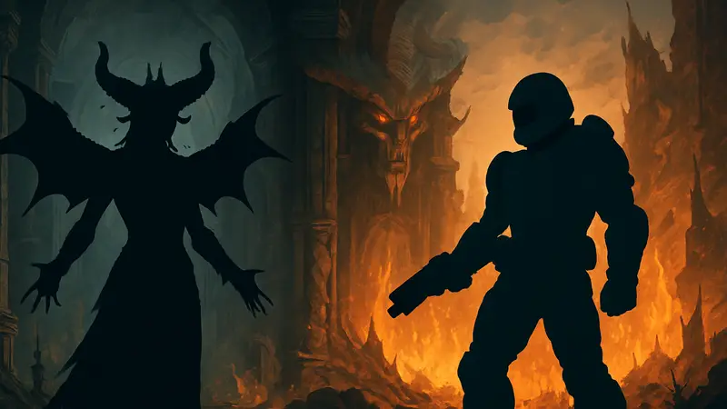 Арт с персонажами Diablo 4 и Doom, символизирующий кроссовер Blizzard и Bethesda.