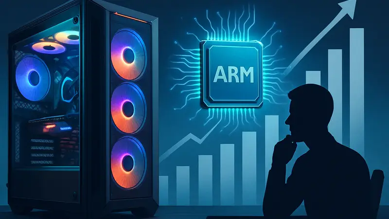 Игровой компьютер с подсветкой и чипом ARM на фоне диаграммы роста продаж. Перспективы рынка игровых ПК.