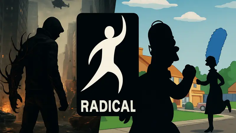 Логотип студии Radical Entertainment на фоне кадров из игр Prototype и Simpsons Hit & Run.