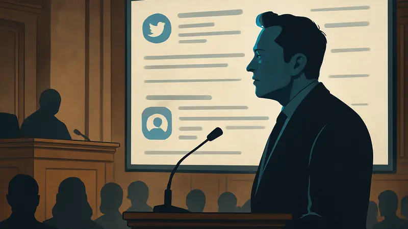 Илон Маск в суде, на фоне фрагментов его твитов, спроецированных на экран.