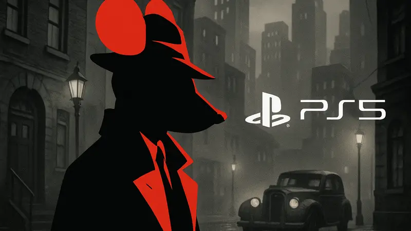 Главный герой игры Mouse: P.I. for Hire в чёрно-белом стиле, с логотипом PS5.