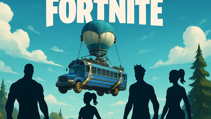 Эмблема Fortnite и герои игры на фоне боевого автобуса, символизирующие ожидание нового обновления.