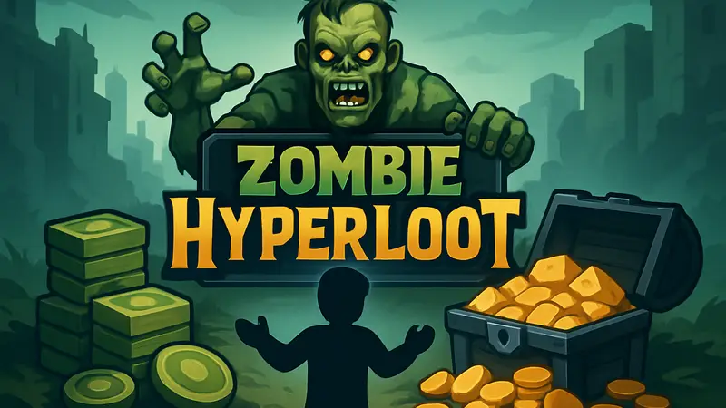 Логотип Zombie: HyperLoot с зомби и элементами Roblox, символизирующими игровые награды